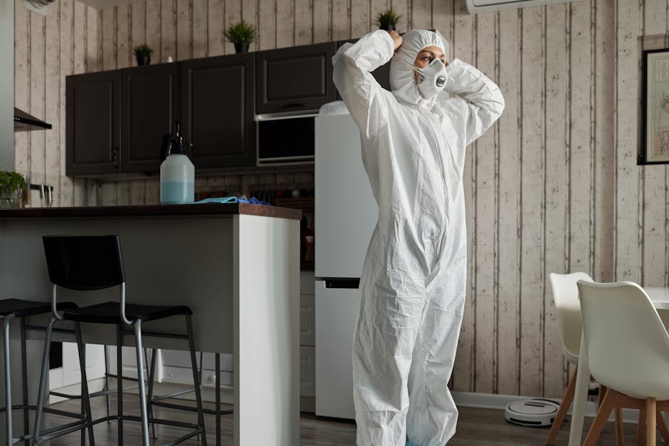A person dressed in full protective cleaning gear, including a white coverall, gloves, and a face mask, is standing in a modern kitchen with wooden panel walls and black cabinetry. The individual appears to be preparing for or conducting a surface cleaning or sanitisation task. The kitchen features a white refrigerator, a dark countertop with a spray bottle and cloth, and a seating area with black chairs. The space is well-lit, clean, and organized, emphasizing hygiene and maintenance, aligning with deep cleaning and surface sanitisation practices relevant to residential cleaning services provided by Cleaner Paddington.